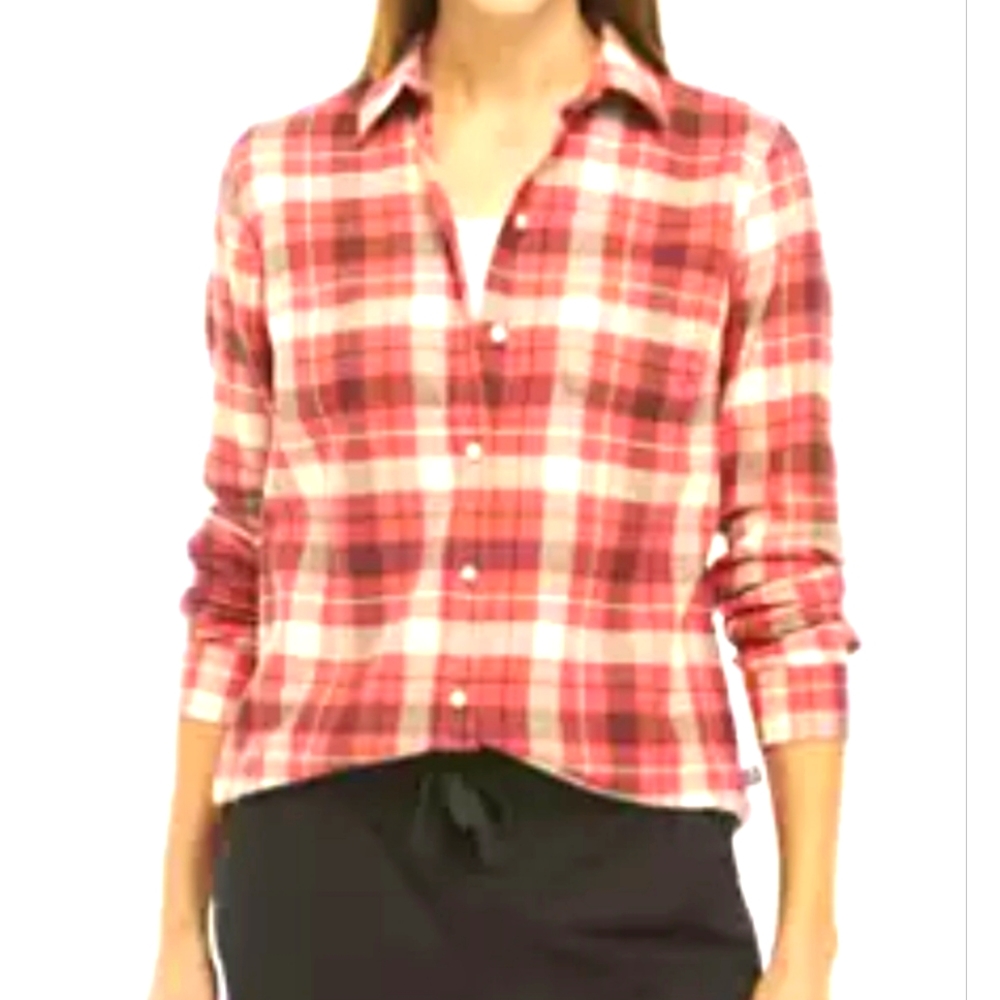 Ladies New Ocean & Coast Flannel Top Long Roll Tab Sleeves Rustic Pink Medium